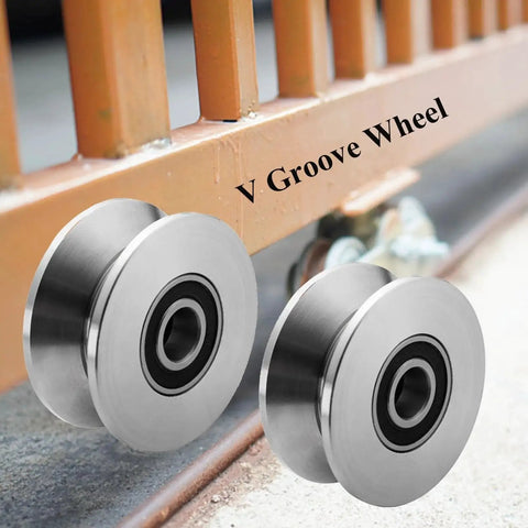 Heavy Duty Stainless Steel V Groove Gate Rollers With Bearings for Quiet Smooth Sliding Barn Door Track, two pieces on sliding track