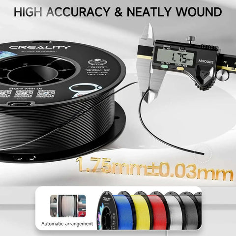 1.75mm PETG filament spool for 3D printing with ±0.03mm accuracy, shown with digital caliper measurement, black color, neatly wound