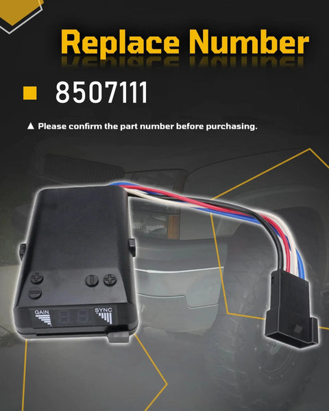 Front view of time-delay brake controller kit with black plastic module and multi-color wiring harness.