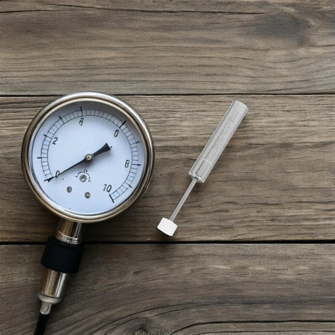 Pressure gauge and tool on wooden surface, showing measurements and hardware, no visible branding.