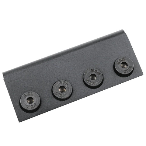 Flat Rail Connector Plate for Barn Door Track Adapter, showing four screws on a carbon steel, wear resistant, durable black finish