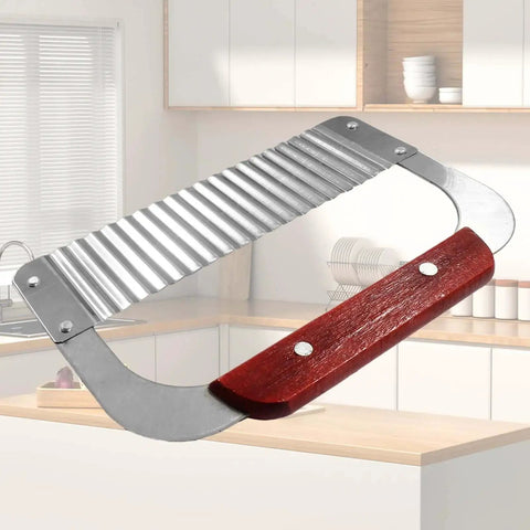 Stainless Steel Crinkle Cutter With Wooden Handle, Heavy Duty Wavy Blade Slicer for Potatoes, Carrots, and Veggies shown.