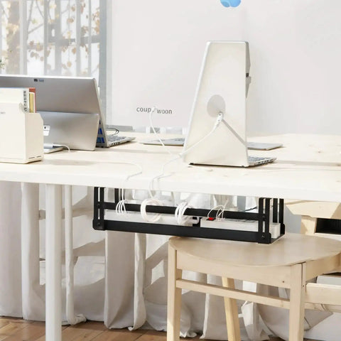 Under Desk Cable Management Tray 17 Inch Metal Wire Organizer for cords and power strips installed under desk in home office