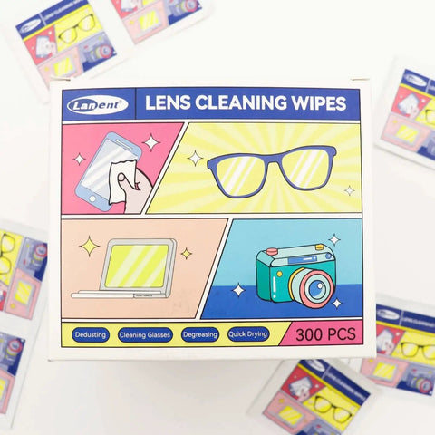 Box of Lens Cleaning Wipes For Glasses And Screens, 300 Count, Safe For Coatings with colorful illustrations on packaging.
