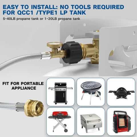12Ft Stainless Braided Propane Hose With Gauge Connector 1lb To 20lb Tank Converter connected to portable grills and heaters