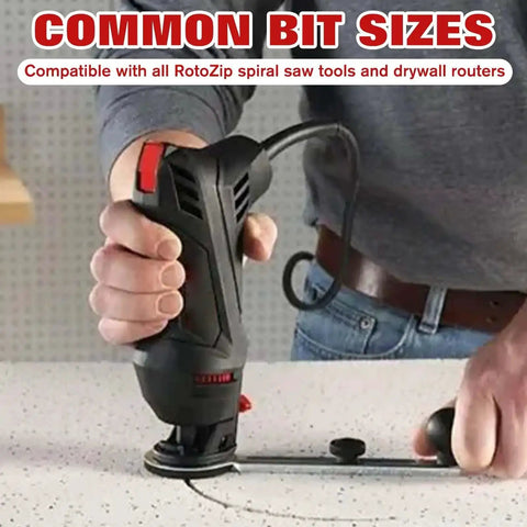 Person using Rotozip spiral saw tool, highlighting compatibility with Replacement Collet And Nut Kit For CN1, drywall cutting