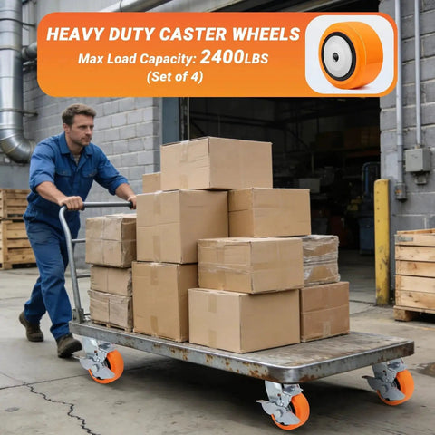 Worker using industrial cart with 4x2 Inch Replacement Caster Wheels Set Of 4 With 1/2 Inch Bore, Polyurethane On Polyolefin Core, Heavy Duty