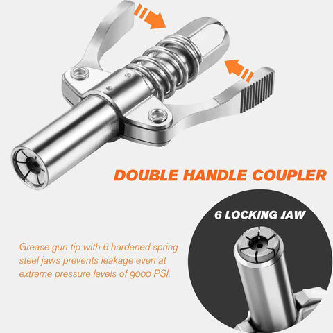 Heavy Duty 9000 PSI Grease Gun With Quick Release Coupler close-up showing double handle and locking jaws design