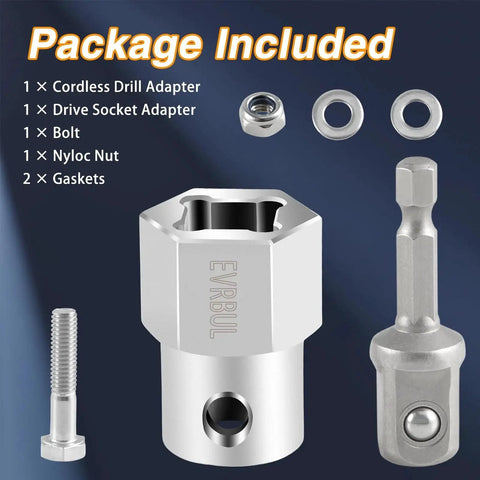 Stainless Steel Trailer Jack Crank Cordless Drill Adapter With Half Inch Socket shown with included accessories.