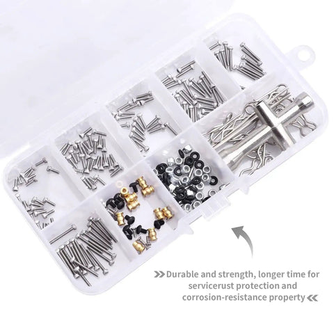RC Screw Kit 272 Pieces M1.4 Screws Hardware Fasteners Repair Tools For Axial SCX24 in clear storage box with multiple compartments.