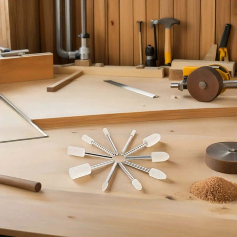 40 Piece Wool Felt Polishing Wheel Set With One Eighth Inch Shank For Drill Buffing Attachments on wooden workspace