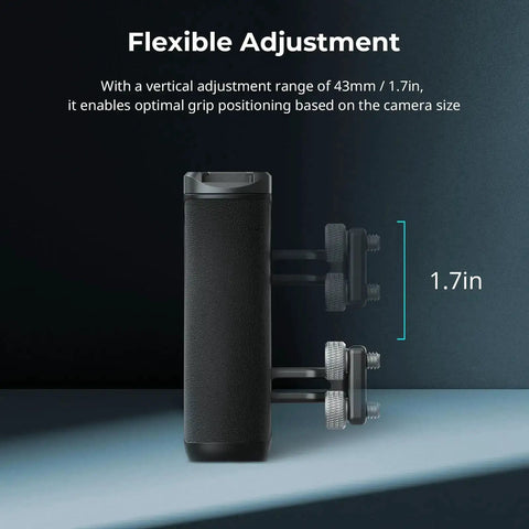 Ergonomic Mini Side Handle For Camera Cages With One Quarter Twenty Screws, flexible adjustment range highlighted, side view