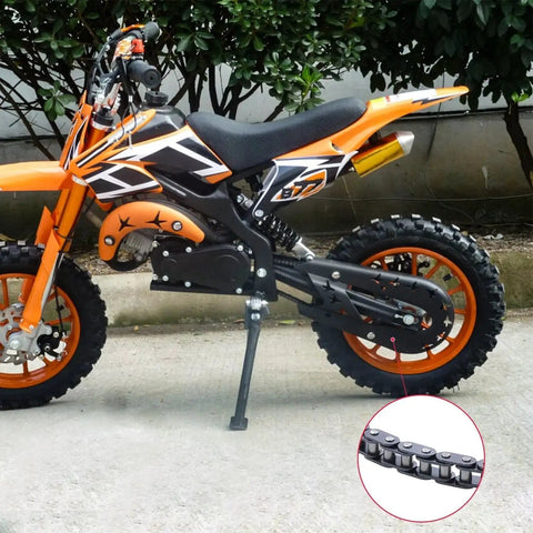 Side view of orange dirt bike with T8F Drive Chain Breaker Tool 116 Link Heavy Duty For 43cc 47cc 49cc 50cc 2 Stroke Pocket Rocket Bikes