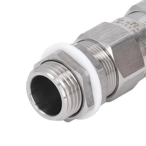 Close-up of a stainless steel cable gland, featuring a dual sealing system, armor-protection for electrical junction boxes IP66 rated.