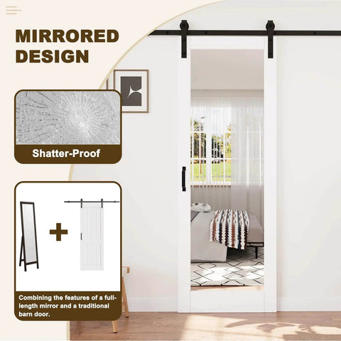 Space-Saving Barn Door With White Primed Glass Mirror Panel And Solid Wood Frame shown installed in a bedroom setting.