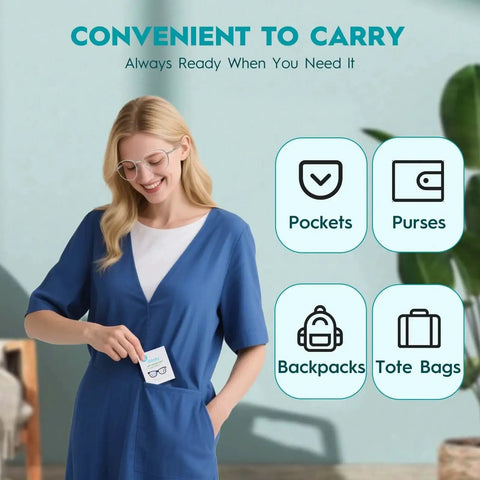 Woman placing Large Lens Wipes 5.1x5.9 400 Count Pre Moistened For Eyeglasses And Devices into pocket, ideal for portability.