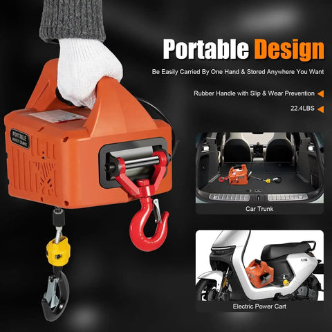 3 In 1 Electric Hoist Winch 2200 Lbs 110V With Remote And Manual Controls in use, orange unit with hook, portable design