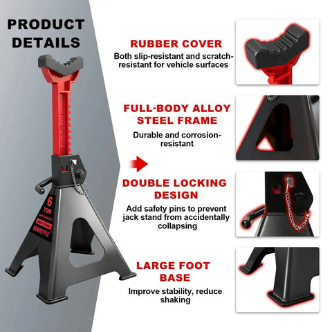 6 Ton Jack Stands With Pin Locking And Rubber Cover Large Base 15 To 23 In displayed with details of rubber cover, alloy frame, and locking design.