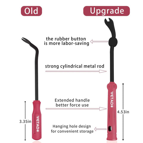 Image comparing old and upgraded trim removal tools, highlighting size and ergonomic design, part of the Trim Removal Tool Set For Car Interior Pro Grade 8 Piece Red Pliers Kit For Door Panels And Trim Clips Removal, Fasteners, Upholstery Repair And Audio Panel Trim, Ergonomic Non Slip Handles.