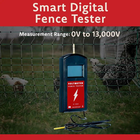 Voltmeter fence tester in Electric Poultry Netting Accessory Set With 0.38J Solar Fence Charger displayed against chicken coop fence.