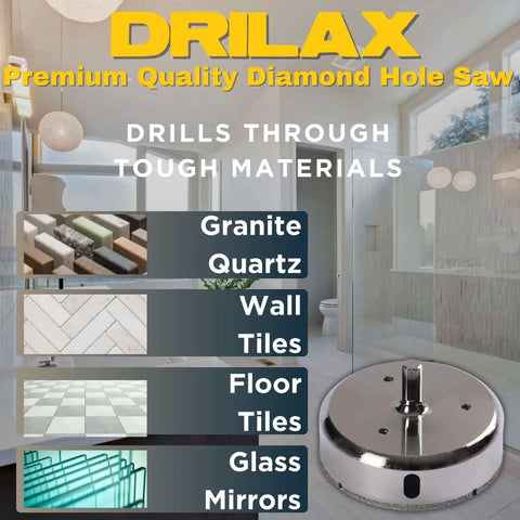 Four And A Half Inch Diamond Hole Saw With Guide For Tile Porcelain Ceramic Glass And Stone Drilling Delivers Clean Chip Free Circular Cuts For Toilet Cutouts Drains Recessed Lights And HVAC Openings Perfect For Big Tile Jobs Drilax shown with materials like granite, quartz, and glass in a modern bathroom setting.