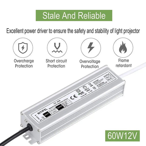 60W Waterproof LED Driver Power Supply IP67 Transformer with safety features and labels, 100 to 265V AC to 12V DC Output