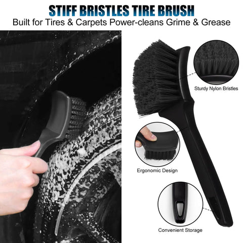 All In One Pro Grade Wheel And Tire Detailing Kit With Eight Brushes Including Four Wheel Cleaning Tools And Three Boar Hair Detail Brushes Plus A Hard Tire Scrubber Flexible Rim Cleaning Set For Cars Motorcycles And Trucks shown with tire scrubber brush cleaning a tire surface