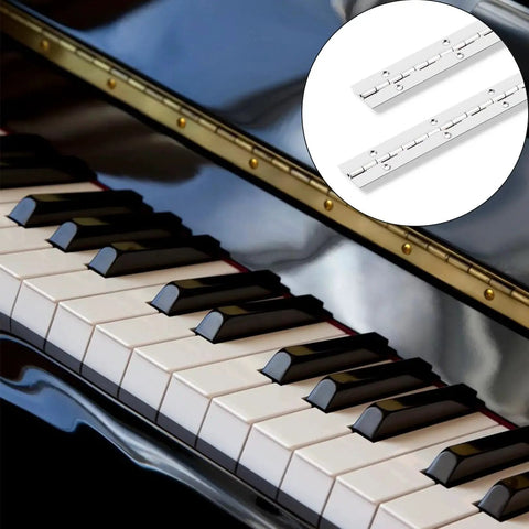 48 Inch Stainless Steel Piano Hinge Heavy Duty 0.04 Inch Leaf 0.5 Knuckle shown above black and white piano keys.