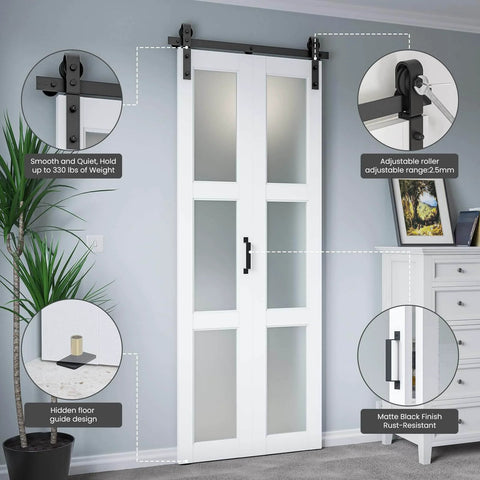 No Fuss Space Saver 30 By 84 Inch Bifold Sliding Barn Door With Hardware Kit Included, preassembled glass barn door in white finish