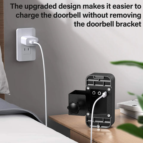 Anti Theft Video Doorbell Mount With Hidden Security Screws No Drill Mounting Bracket shown charging on nightstand.