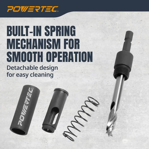 Pro Grade Shelf Pin Jig Kit With 1/4 Inch Self Centering Drill Bit For Fast, Precise 3/8 Inch Shelf Holes shown disassembled, highlighting components.