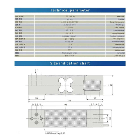 Technical and size charts for Single Point Load Cell For Weighing Platforms, Heavy Duty Rectangle Cantilever Sensor, Ultra Stable 0.2% Accuracy.