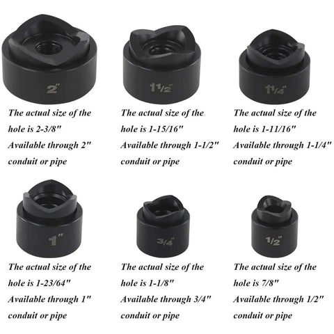 Pro Grade Heavy Duty Knockout Hole Punch Driver Kit With Six Dies, various die sizes for metal sheets, shown on display