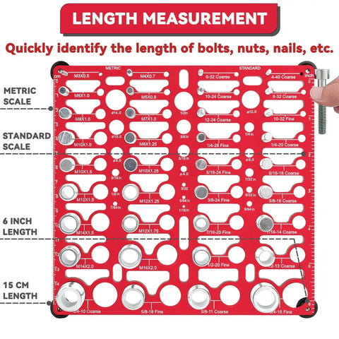 Front view of 55 Thread Checker Kit For Nut And Bolt Size Finder With Standard And Metric Thread Gauges in red.