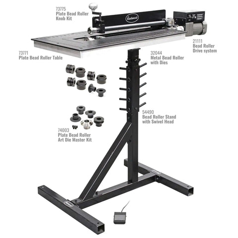 19 Inch Plate Bead Roller Kit For Metal Fabrication With 360 Degree Swivel Stand and Integrated Die Storage shown with accessories