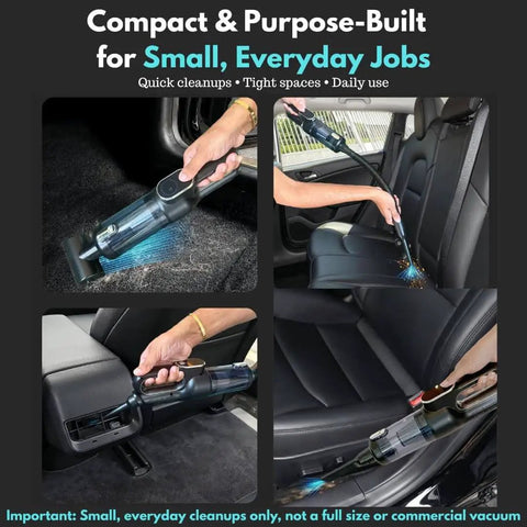 Portable Cordless Car Vacuum Tiny But Mighty 4 In 1 Mini Handheld with 19500 Pa Suction, in use for cleaning car interiors.