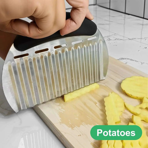 Close-up of Crinkle Cutter Wave Slicer Set For Potatoes And Vegetables YBEATY 2 Pack slicing potatoes with stainless steel blade.