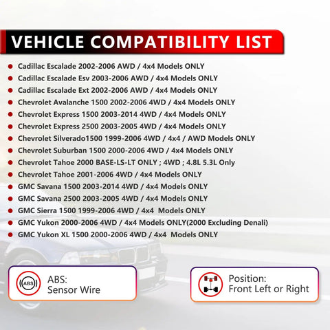 Compatibility chart for Front Wheel Hub And Bearing Assembly With ABS For 4WD GM Trucks And Vans Beefy Replacement Built To Last