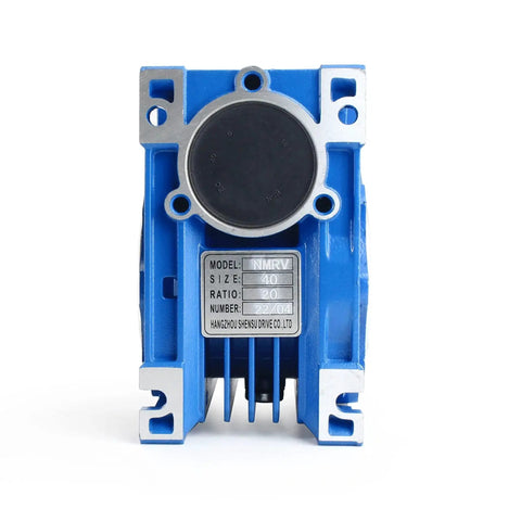 Front view of NMRV040 Worm Gearbox Speed Reducer 20 To 1 Ratio RV40 Metal Gearhead for Nema 34 motors, blue aluminum housing.