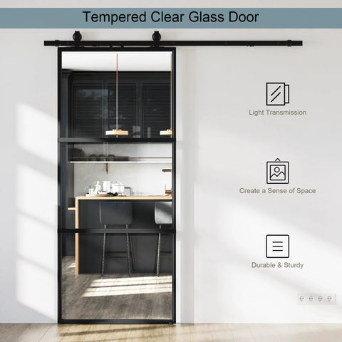 36 By 84 Inch Metal And Glass Sliding Barn Door With Hardware Kit Soft Close Included Ships In Three Pieces For Easy Assembly