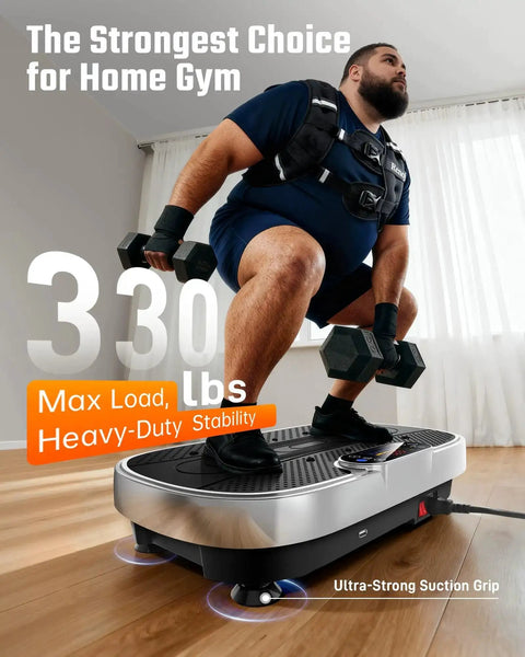 Man using Vibration Plate Exercise Machine For Home Gym Full Body Workout With Loop Bands 330 Lbs Capacity, holding weights.