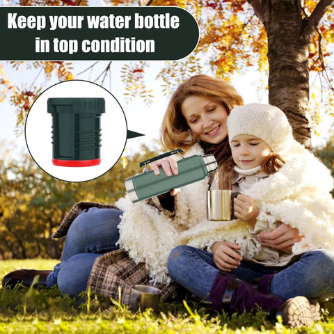 Mother and daughter outdoors with thermos, featuring inset of Four Pack Silicone Replacement Gaskets For Stanley Classic Thermos Lids BPA Free Sealing O Ring Gasket For Vacuum Bottle Stopper Red Premium Quality Easy To Install Seals For Long Lasting Leak Free Performance.