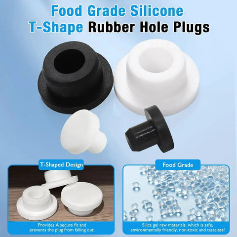 Image showing a Set Of 6 White Silicone Rubber Plugs For 30 To 31 Mm Round Holes Waterproof Soft Flexible T Type Seal Plugs.