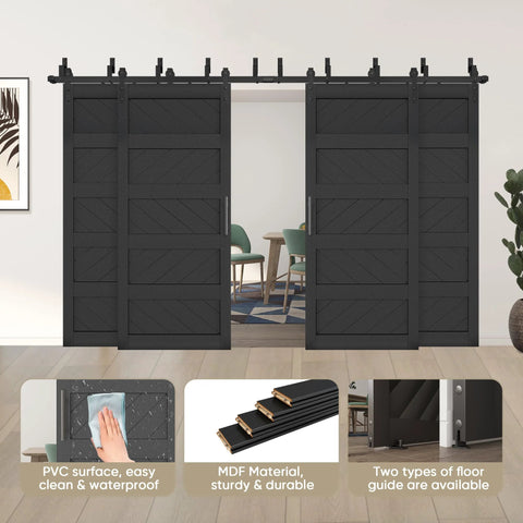 Double Bypass Sliding Barn Door Kit With Wave Panel 144x84 Inches in black MDF construction, installed in a modern living space.