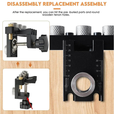 3-In-1 Dowel Jig Kit With Self Centering Doweling And Pocket Hole Jig for straight holes on a wooden surface.