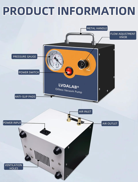 LVDALAB oil-free lab vacuum pump with gauge, flow knob, metal handle, power switch and anti-slip pads.