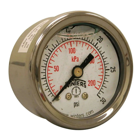 1-1/2 Inch Glycerin Filled Industrial Pressure Gauge With Brass Internals 304 Stainless Steel Case Dual Scale 0-30 Psi KPa