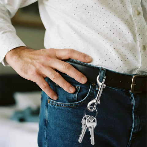 Eight Pack Heavy Duty Double Ended Snap Hooks In Silver Zinc Alloy With Trigger Clips attached to jeans belt loop holding keys.
