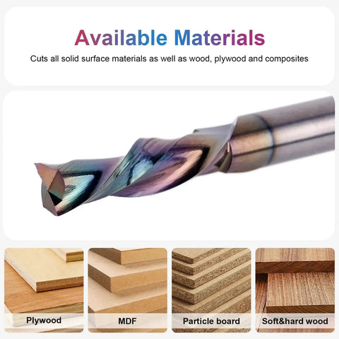 Downcut Spiral Router Bit For Woodworking With One Inch Cutting Length And Quarter Inch Cutting Diameter Quarter Inch Shank Two And One Half Inch Overall Length Extra Long Life Coating For Sharp Smooth Mortises And Slots SpeTool, shown with various wood materials.