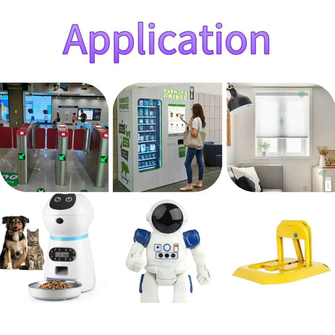 Example applications for 12V DC Worm Gear Motor With Gearbox 9RPM include turnstiles, vending machines, automated blinds, pet feeders, robots, parking locks.